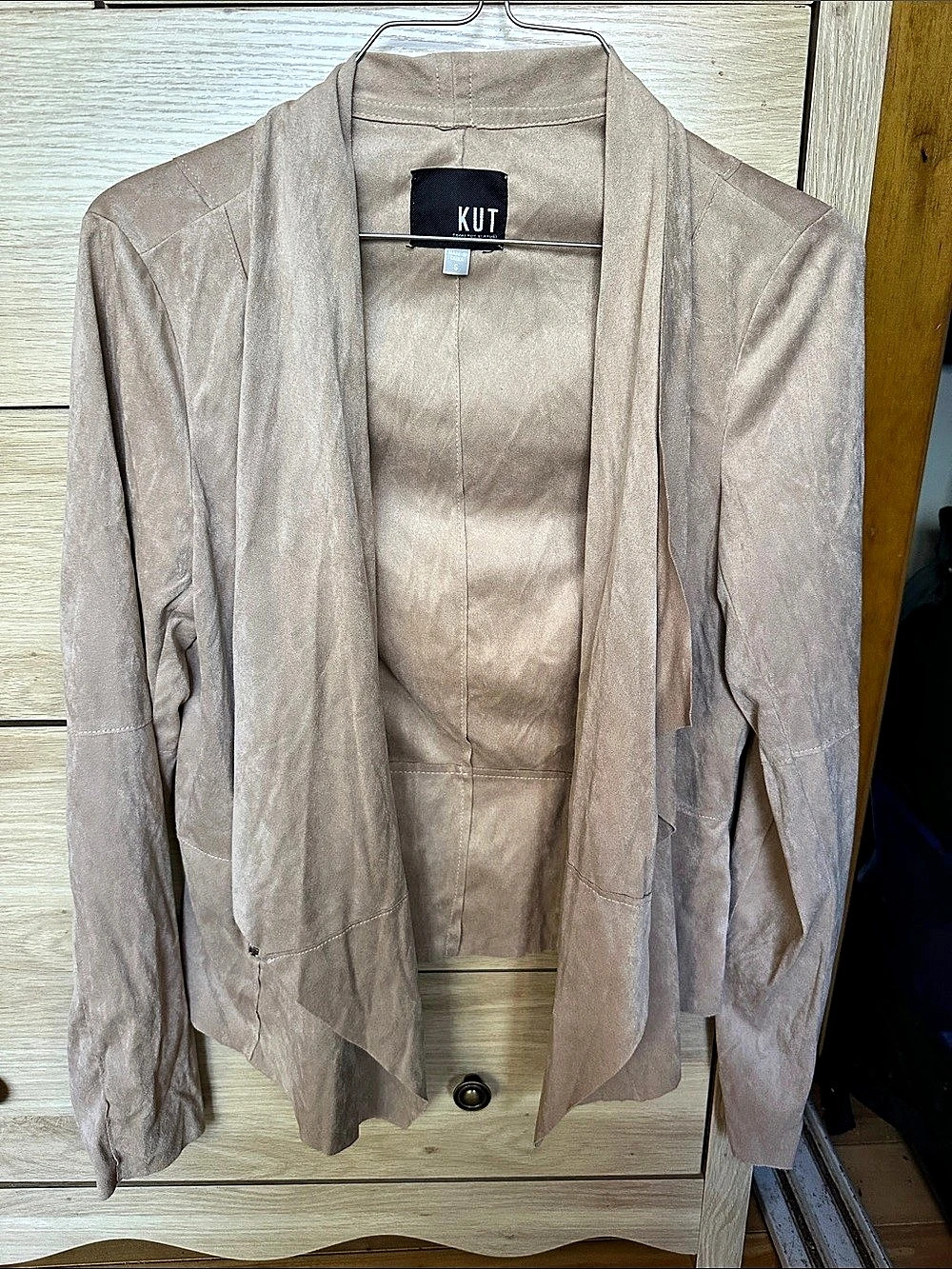 KUT from the Kloth Faux Suede Draped Open Front Jacket Beige Small